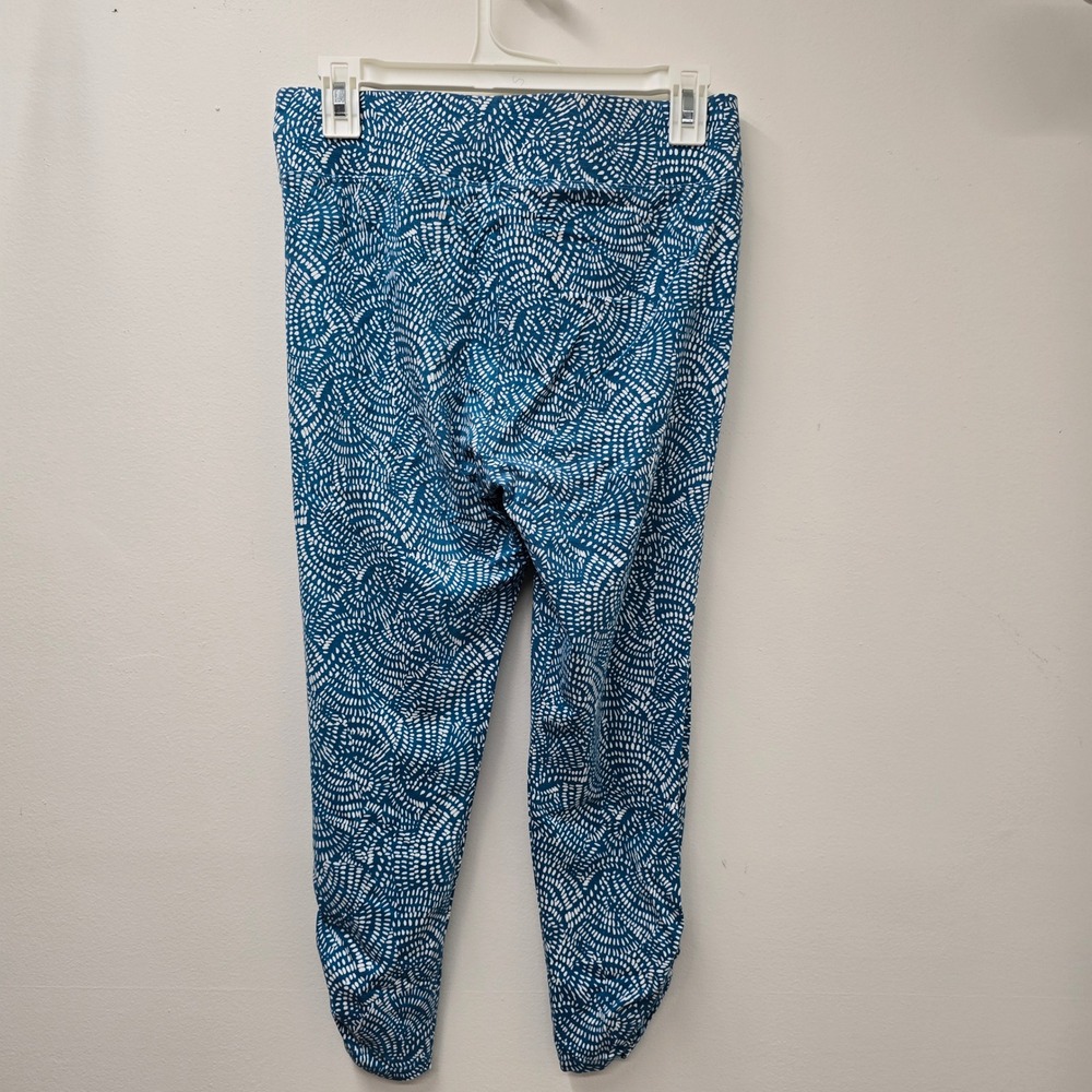 Coolibar Matiz Ruched Capri Leggings M UPF 50+ Stretch Abstract Blue/White